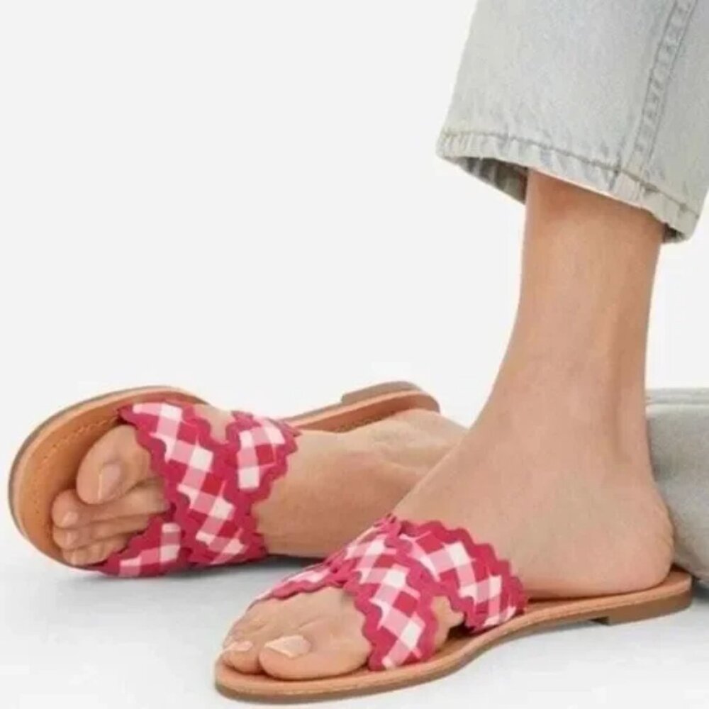 Sandals 7.5 Draper James Piper Pink Gingham Plaid Flats Shoes Slides New NIB